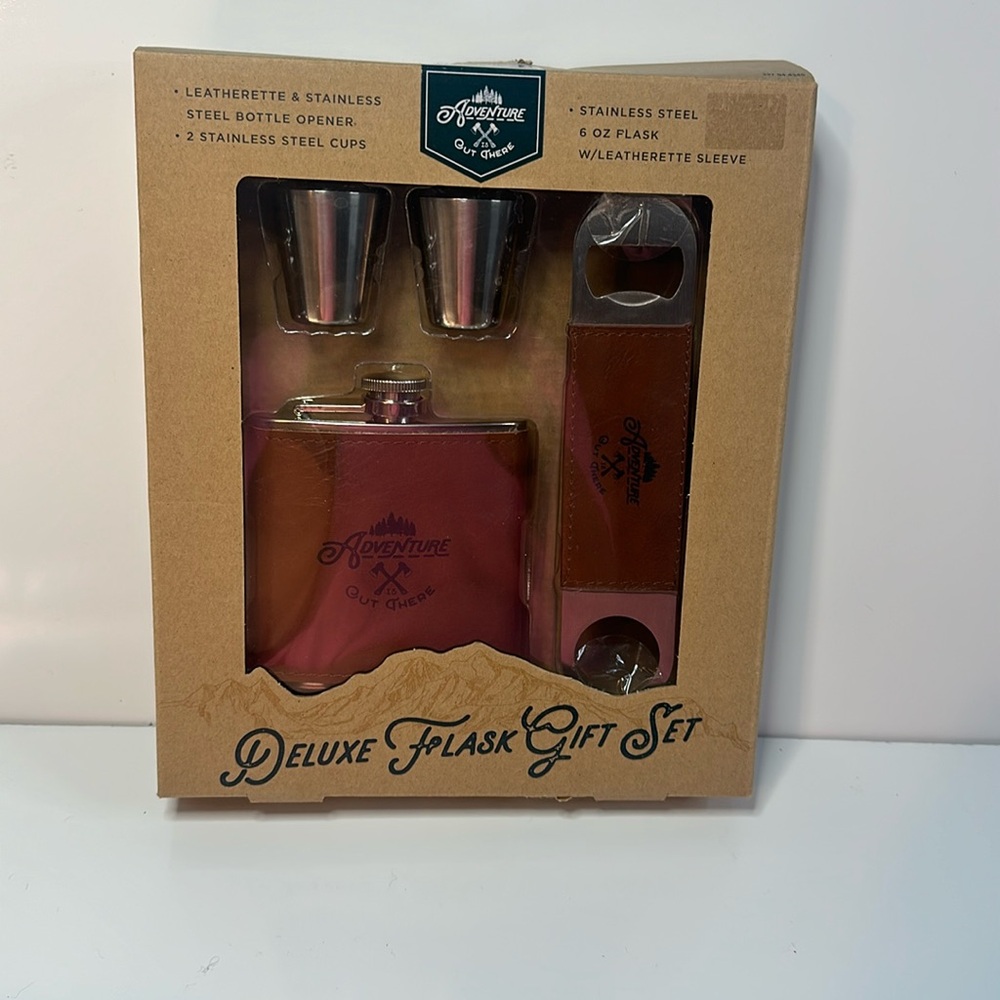 Adventure Out There Deluxe Flask Gift Set Stainless Steel 6oz Flask Cups Opener